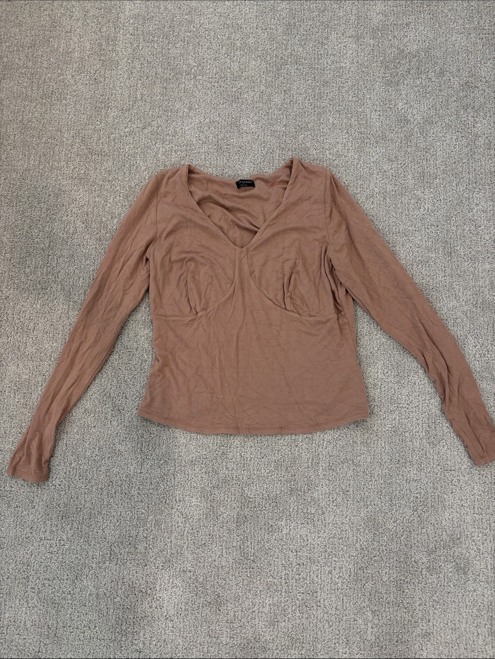 naked wardrobe Long Sleeve V-Neck Ruched Bust Top in Light Brown